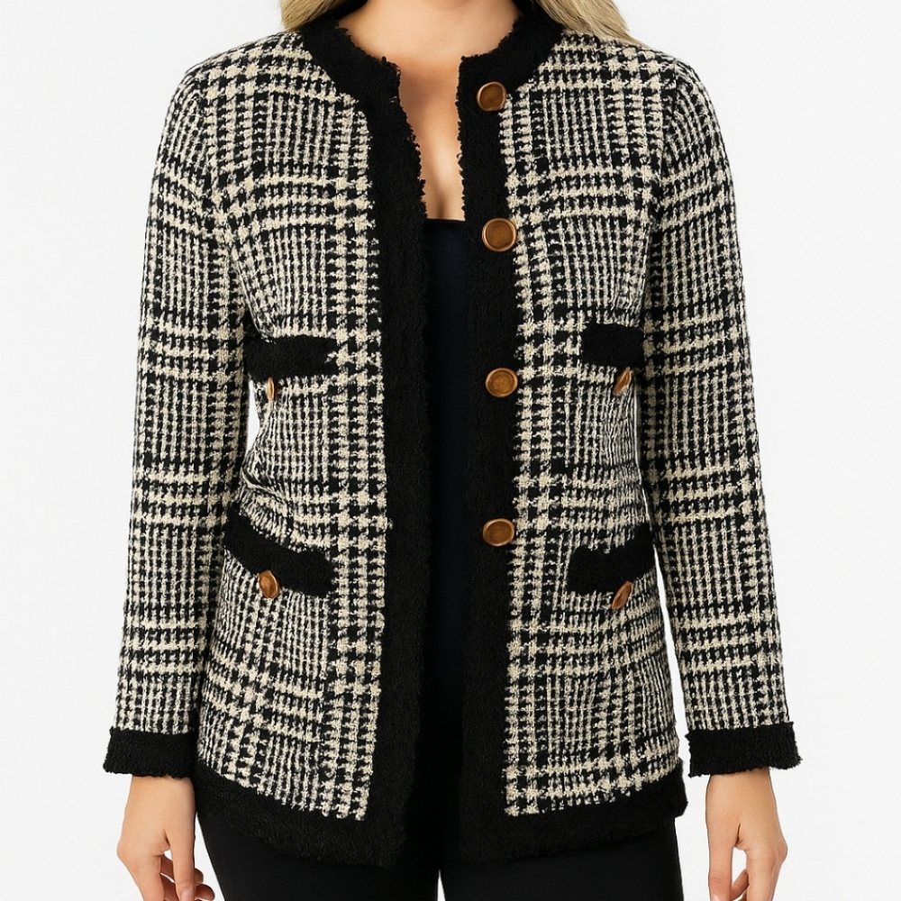 Zara Long Collarless Tweed Houndstooth Jacket Sz Sm